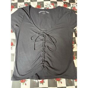 Aero Seriously Soft Lace Up Ribbed Top Women's Size XL Black Short Sleeve